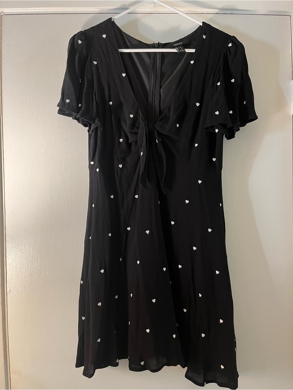 Forever 21 Black Mini Dress with White Heart Print and Tie Front 🤍
